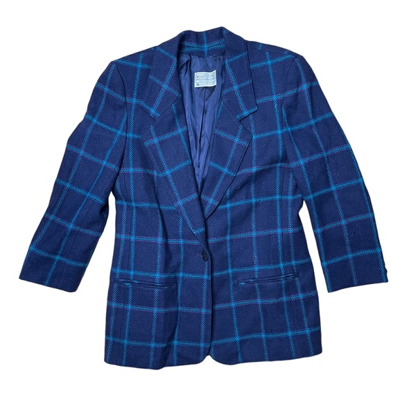 Vintage Pendleton Women’s Navy Plaid One Button Wool Blazer - Picture 1 of 4